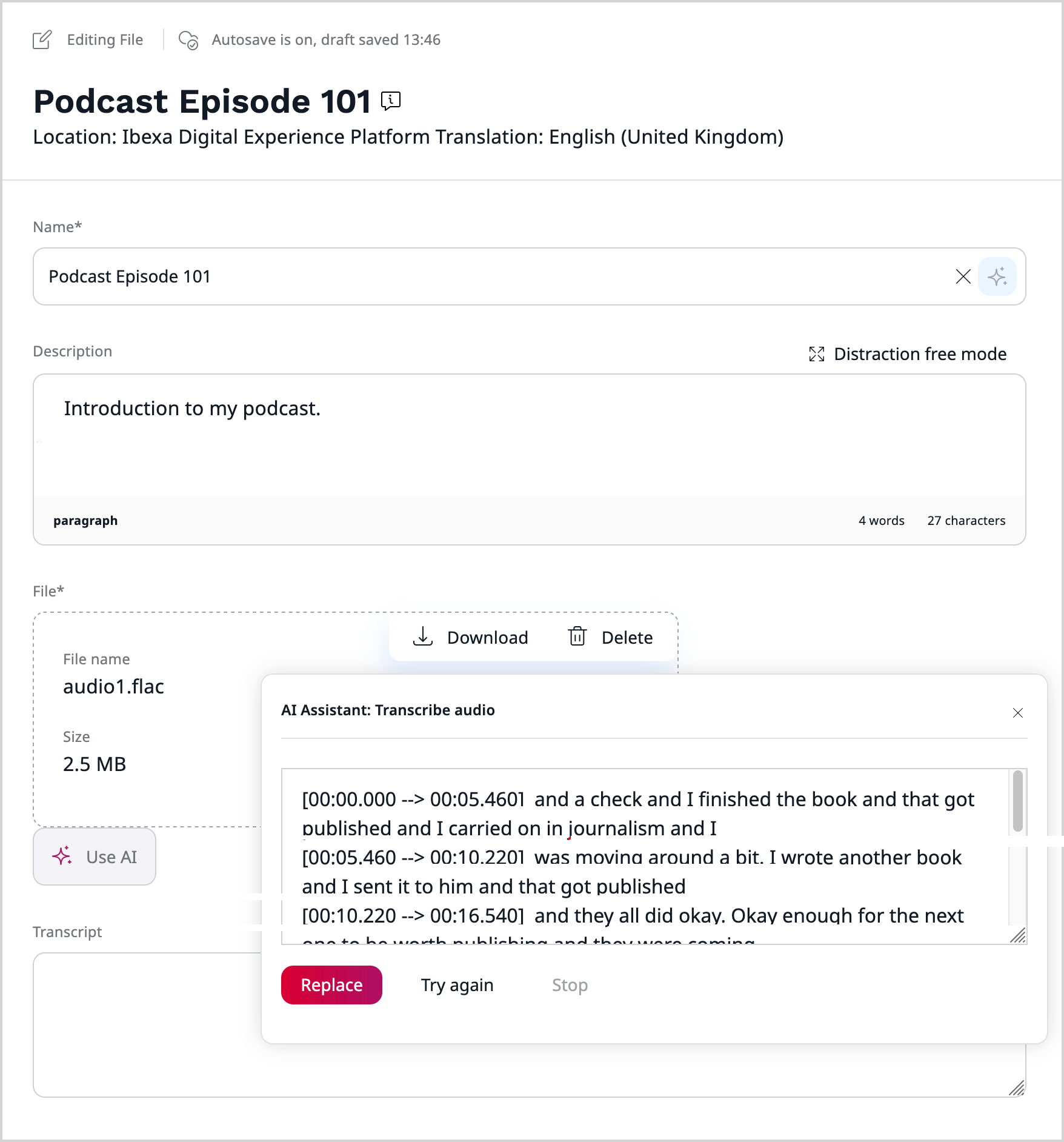 Transcribe Audio Action Type integrated into the back office Transcribe Audio Action Type integrated into the back office